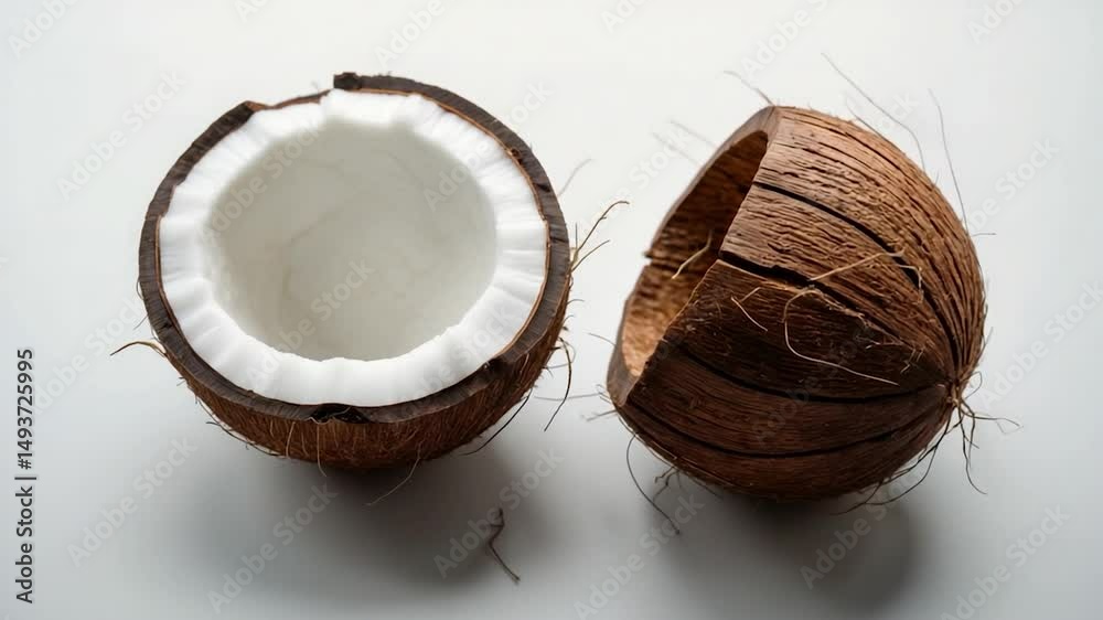 Coconut. Half visible on background. Overhead shot. Coconut. Half visible on background. Overhead shot.
