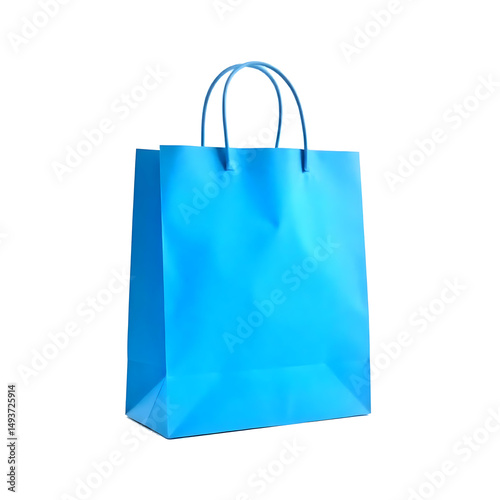 A blue paper bag with handles, medium size, blank, in a png background