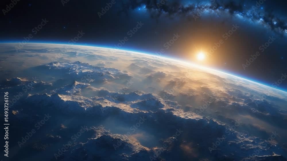 View of Earth from space showing the sun rising over blue space, a stunning globe background during sunrise from space, Cosmos-based Earth perspective, elements of this image furnished by Ai.