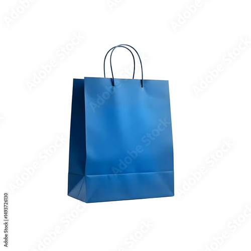A blue paper bag with handles, medium size, blank, in a png background