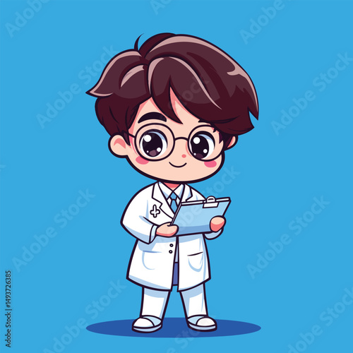 Cartoon doctor with round glasses holding a blue clipboard wearing a white coat