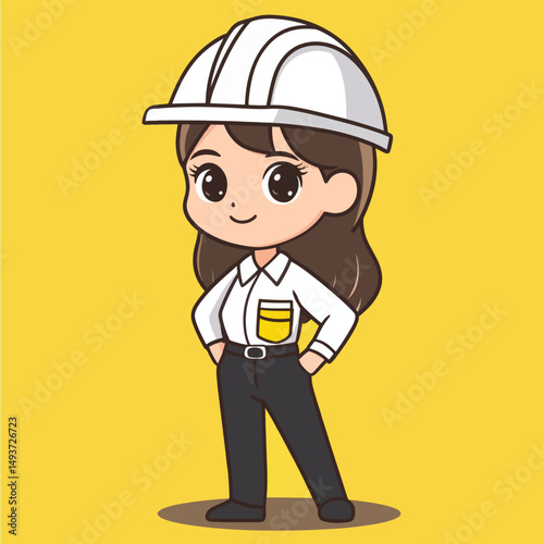 Cartoon Engineer Girl with White Hard Hat and Hands on Hips