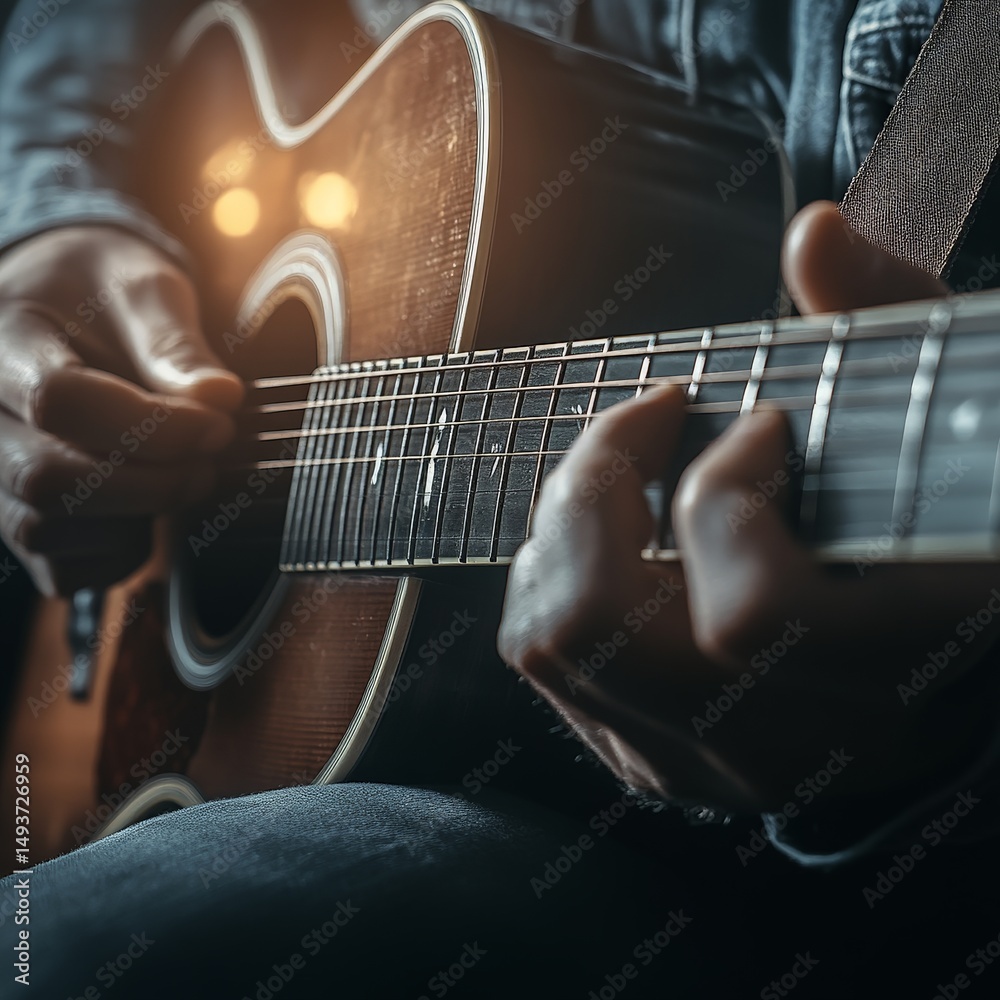 Fototapeta premium Close-up of hands playing acoustic guitar strings in warm indoor light