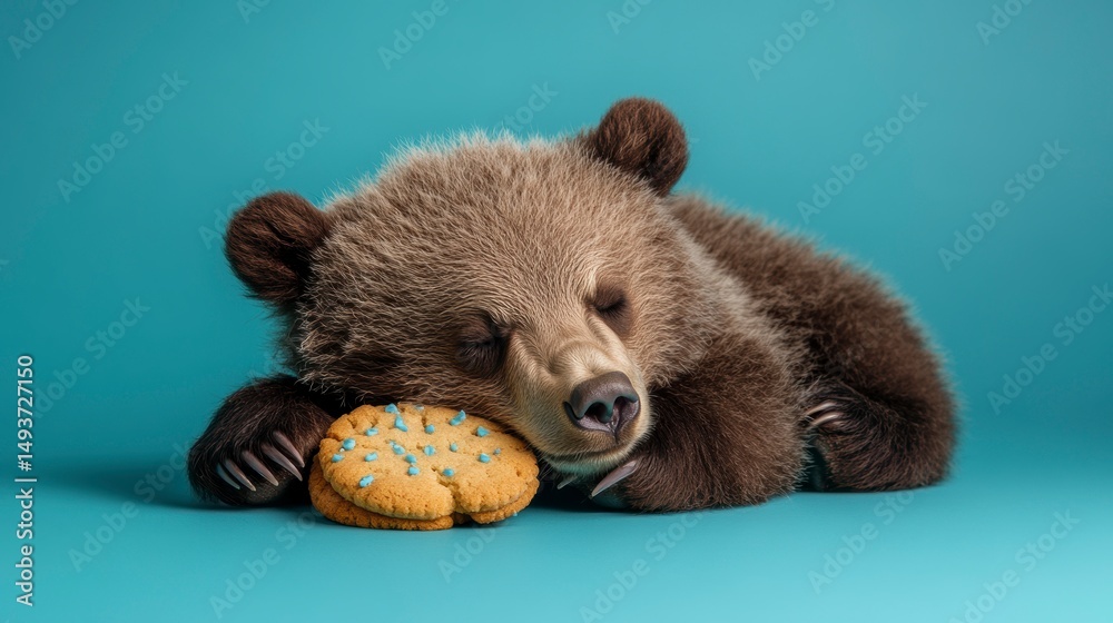 Adorable grizzly bear cub peacefully sleeping next to a large cookie on a teal background. Adorable grizzly bear cub peacefully sleeping next to a large cookie on a teal background.