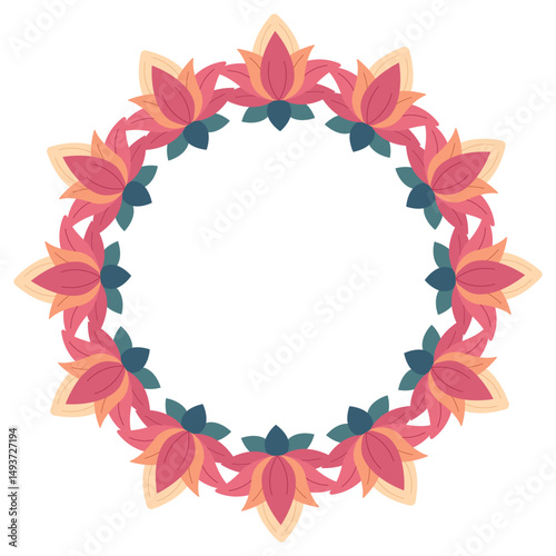 Circular tropical frame decorated with vibrant jungle leaves and flower lotus. Great for invitations, covers, banners, and greeting cards. Vector illustration of tropical flora