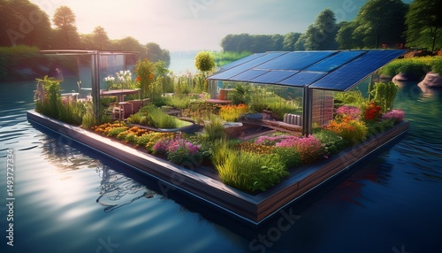 Innovative Permakultur-Plattform auf dem Wasser mit Solarpanel