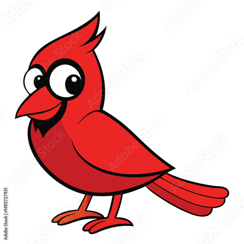 Cartoon cardinal with bright red plumage and large, expressive eyes stands cheerfully