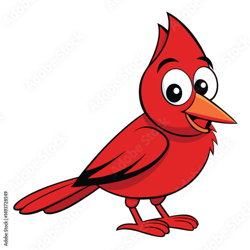Cartoon cardinal bird cheerfully stands with its bright red feathers against white background