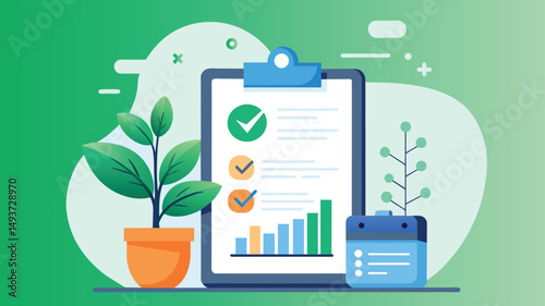 An illustration depicting a checklist, a bar graph, and a calendar on a desk with two potted plants