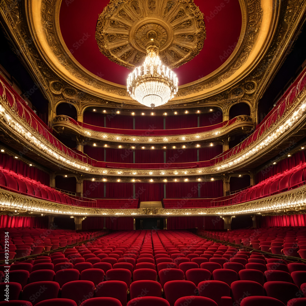 Fototapeta premium The ornate interior of an opera house in Paris features red velvet seats and a gilded stage