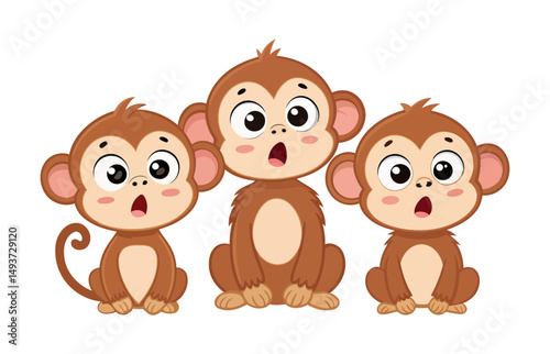 Cute surprised baby monkeys cartoon set with big expressive eyes and rosy cheeks, perfect for children’s books, wildlife illustrations