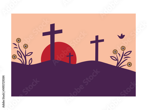 Hopeful religious crucifix silhouette on a hill at sunset