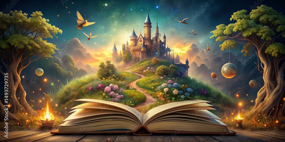 Naklejka premium The Open Book of Dreams - A Fantasy Castle Landscape , fairytale, dream , fantasy , castle