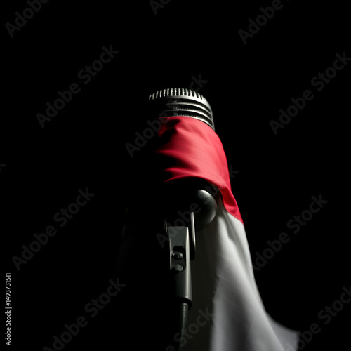Indonesia's flag muzzles a microphone, a metaphor for stifled dissent. Dark tones and sharp lighting amplify the stark, unsettling mood. A silent cry for freedom.