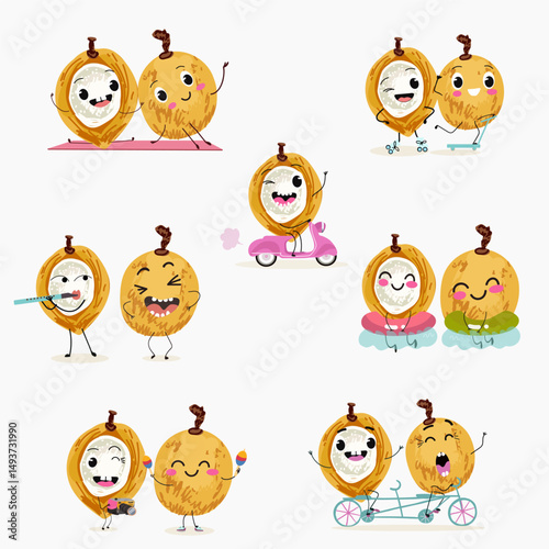 Pitomba fruit cute funny cheerful characters with different poses and emotions. Vector hand drawnvector illistration.