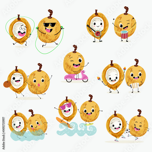 Pitomba fruit cute funny cheerful characters with different poses and emotions. Vector hand drawnvector illistration.