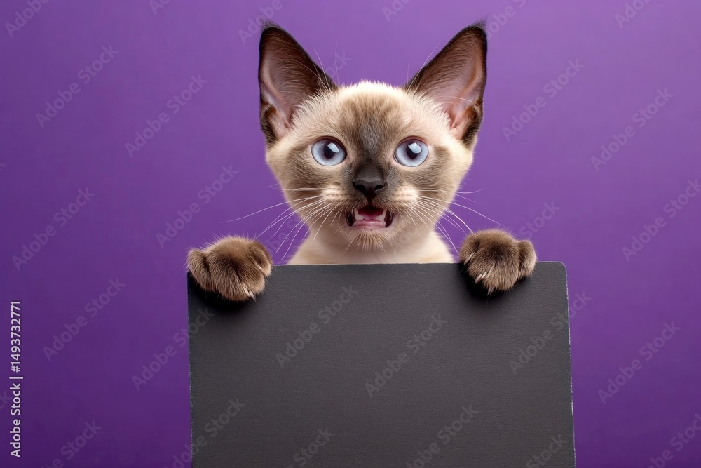 Pet ad layout. Cat signage idea. Isolated cat on a solid clothing purple background. Сute adult cat oriental shorthair hold in front paws a layout - large dark black lane sign. Cat in market. Pet ad layout. Cat signage idea. Isolated cat on a solid clothing purple background. Сute adult cat oriental shorthair hold in front paws a layout - large dark black lane sign. Cat in market.