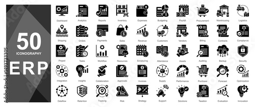 Bold glyph-style ERP icons for apps, UI, and dashboards.         