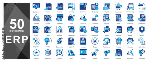 Blue duotone glyph icons for ERP business systems and dashboards.