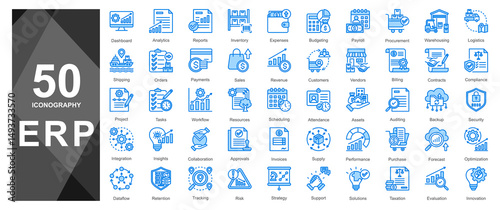 Solid blue icons for ERP software and enterprise tools.          