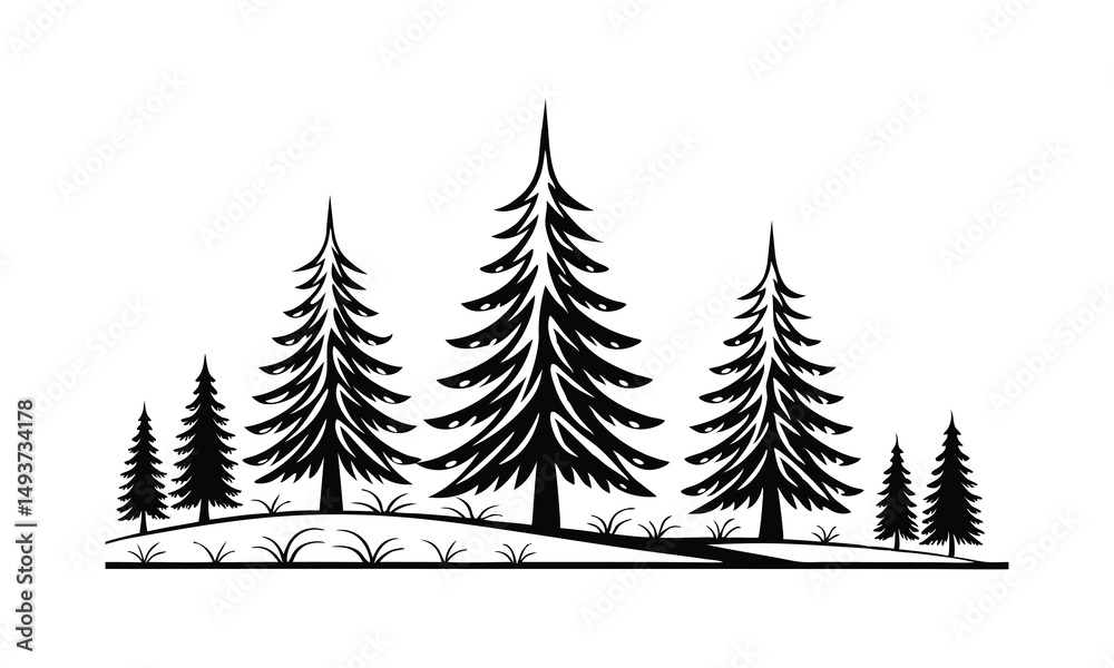 Obraz premium Stylized Pine Tree Illustrations, Unique Black & White Graphic Art Collection