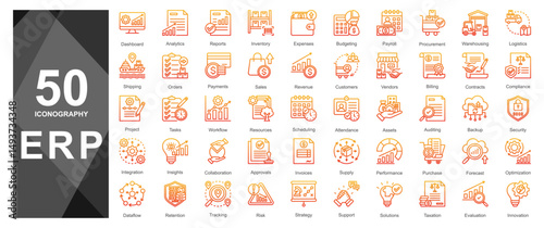 Orange gradient line icons for ERP and finance tools.            