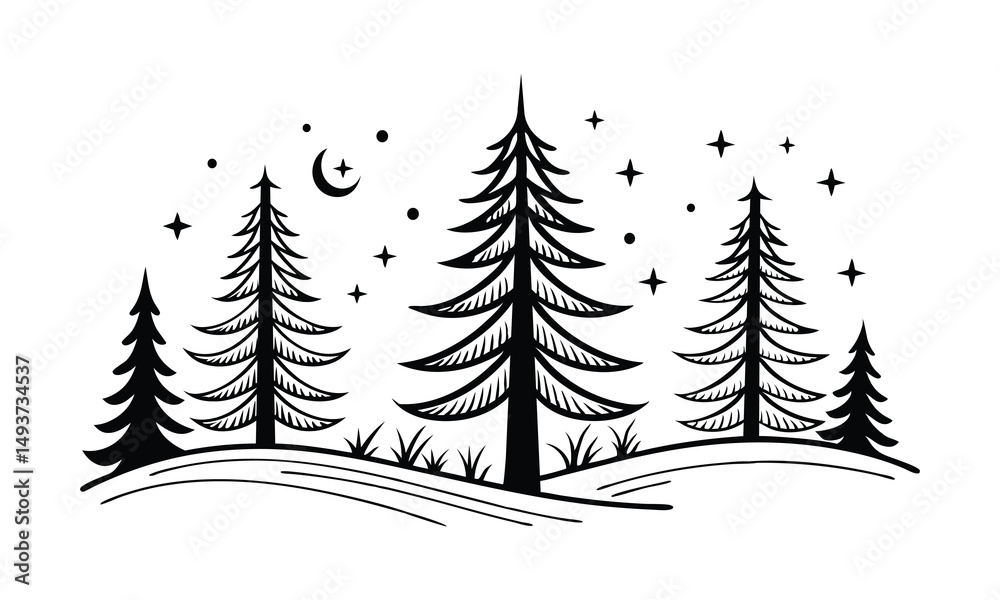 Fototapeta premium Stylized Pine Tree Illustrations, Unique Black & White Graphic Art Collection