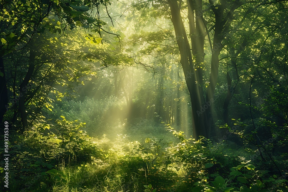 Obraz premium Sunlight streams through a vibrant dense forest canopy illuminating the verdant ground