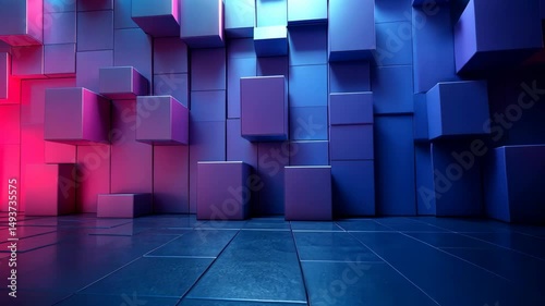 Vibrant 3D cubes wall, neon lighting, glossy floor