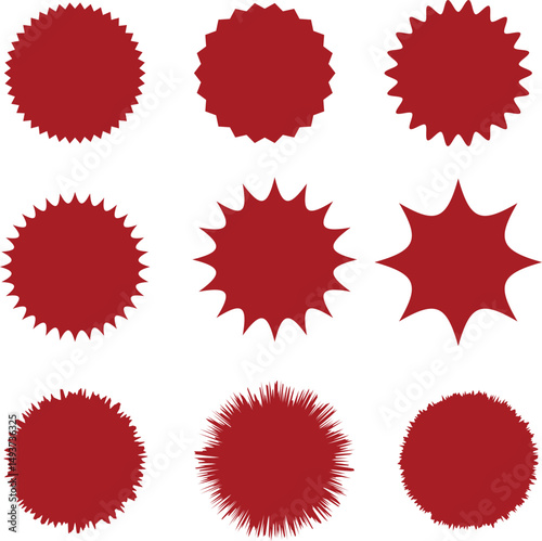 Red Burst Badge Vector Set – Starburst and Explosion Shapes for Sale Tags, Labels, Promotions, and Graphic Design Projects