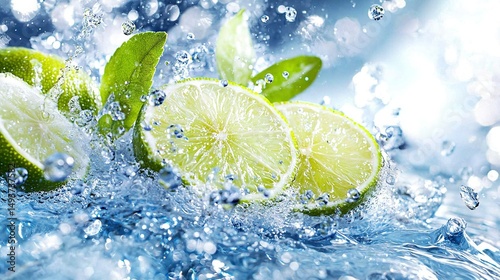   A pair of limes resting atop a blue water mound with a nearby splash of water