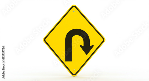 Free Download A yellow diamond road sign with a black u turn arrow on a white background in a studio shot - GFXLoad