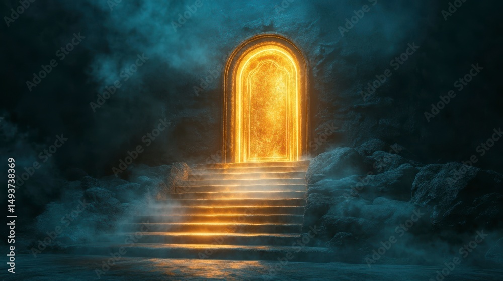 Fototapeta premium Glowing arched doorway in a dark, smoky stone setting with illuminated stairs.
