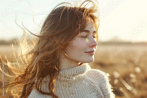 Woman with wind-blown hair enjoying golden hour in field of golden grass