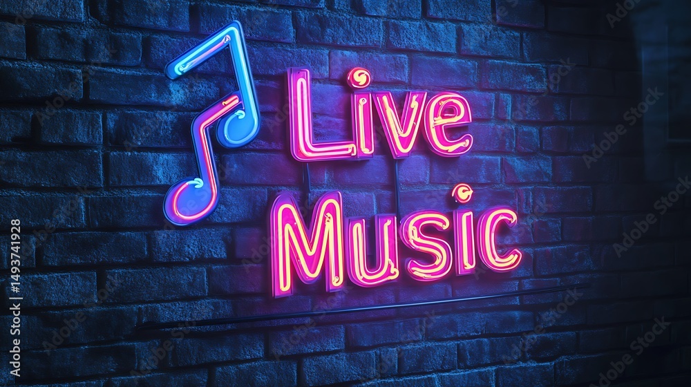 Obraz premium Neon sign proclaiming live music against a brick wall.