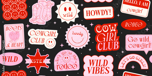 Cowgirl Stickers Seamless Pattern Background. Vector Design Elements. Wild West, Western Themed, Y2K.