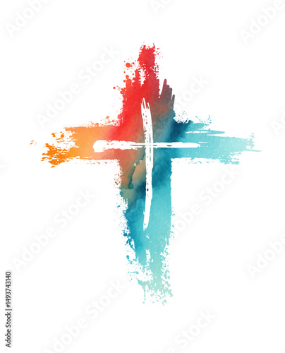 Christian cross vector. colored blotted cross. hand drawn. Not AI, Vector.