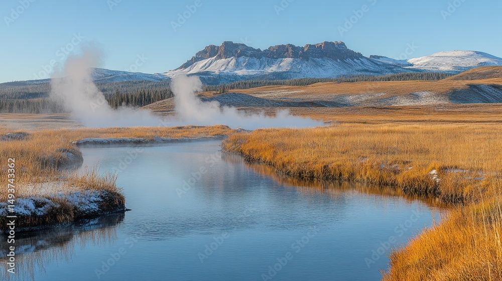 Fototapeta premium Autumnal stream, steam rising, mountains