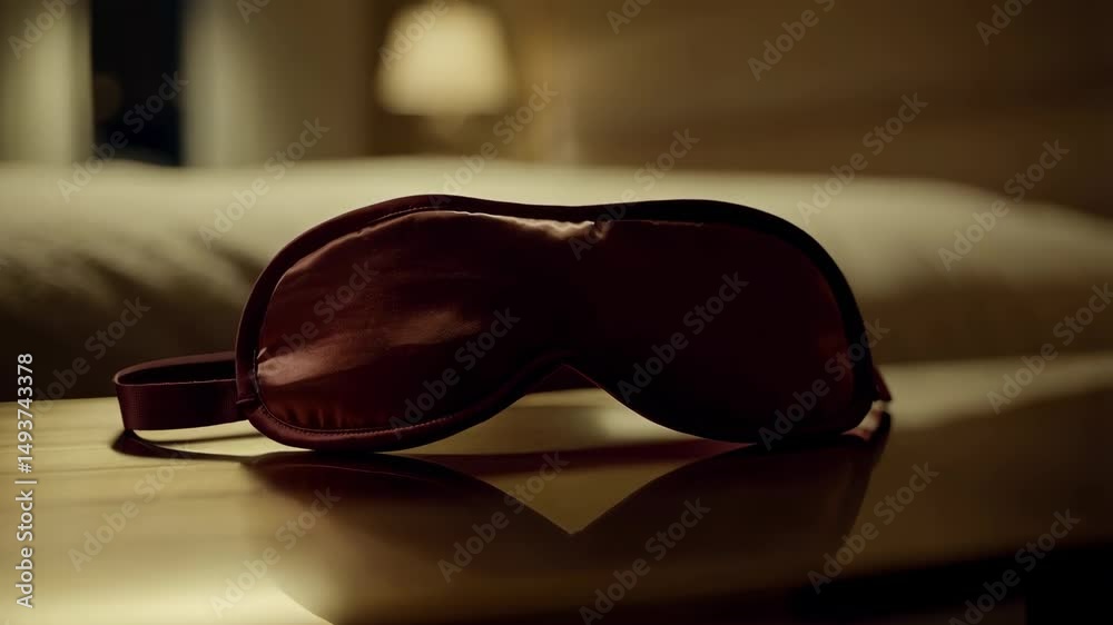 Burgundy sleep mask sits on a reflective wooden table in a dim hotel room near a bed and lamp at night.