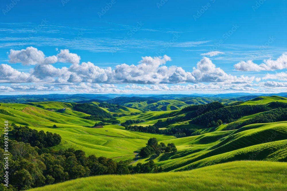 Naklejka premium Green hills landscape under bright sky with fluffy clouds