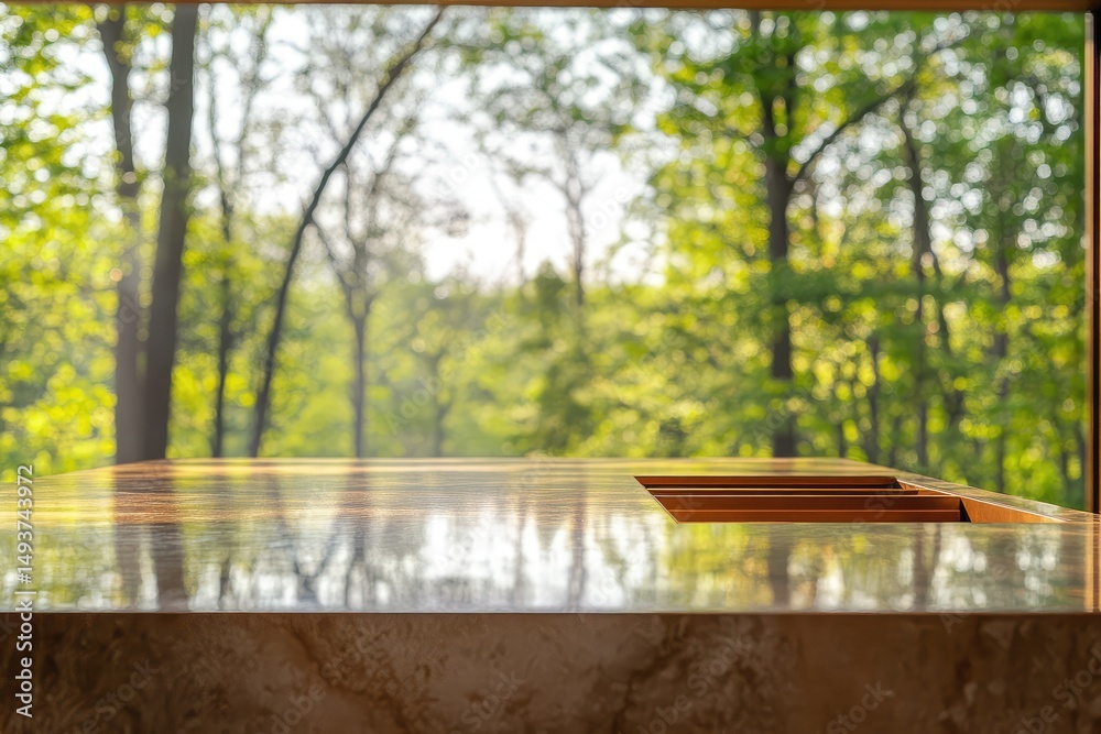 Obraz premium A sleek kitchen countertop overlooks a lush, vibrant green forest through a large window.