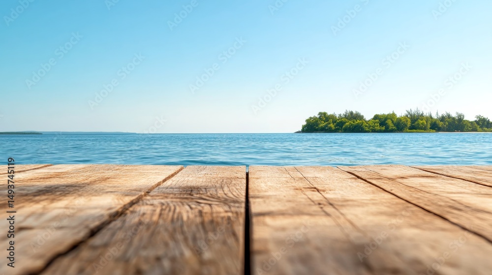 Fototapeta premium A rustic wooden table sits on a coastal deck, with a clear blue sky and calm ocean waters forming a tranquil backdrop for a relaxing vacation setting