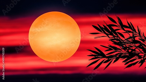   A full moon photo with a tree branch in the foreground and a red sky background