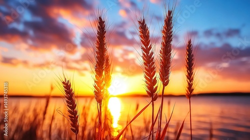   A sunset scene with water, grass in the foreground, and clouds in the background