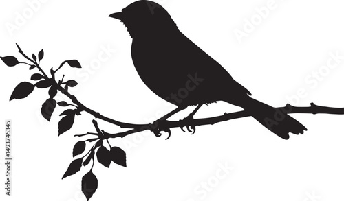 This artwork is digitally enhanced using AI and manually edited for quality.A silhouette of a bird perched on a leafy branch.