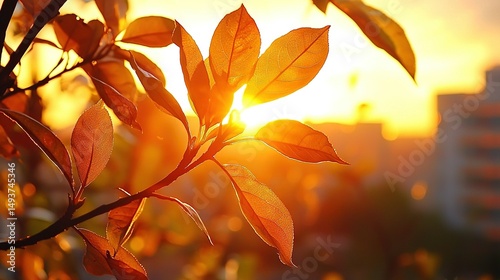   Close-up photo of a leafy tree with the sun setting behind a building on the opposite side of the street, captured from an elevated position