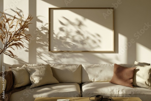 Sunny living room with framed art