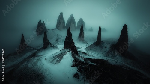   A monochrome image of towering mountains shrouded in snow and fog, with jagged rock formations protruding from their sides