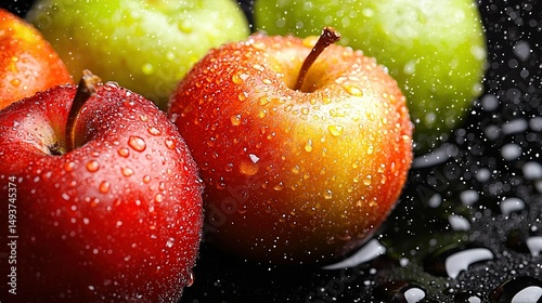   A collection of apples arranged together on a dark background with droplets of water adorning them