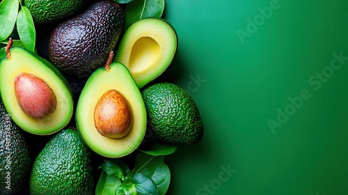   Avocados stacked atop a green surface, surrounded by leaves